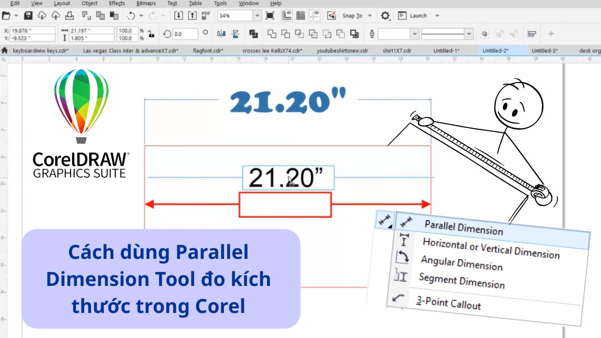 Cách dùng Parallel Dimension Tool đo kích thước trong Corel